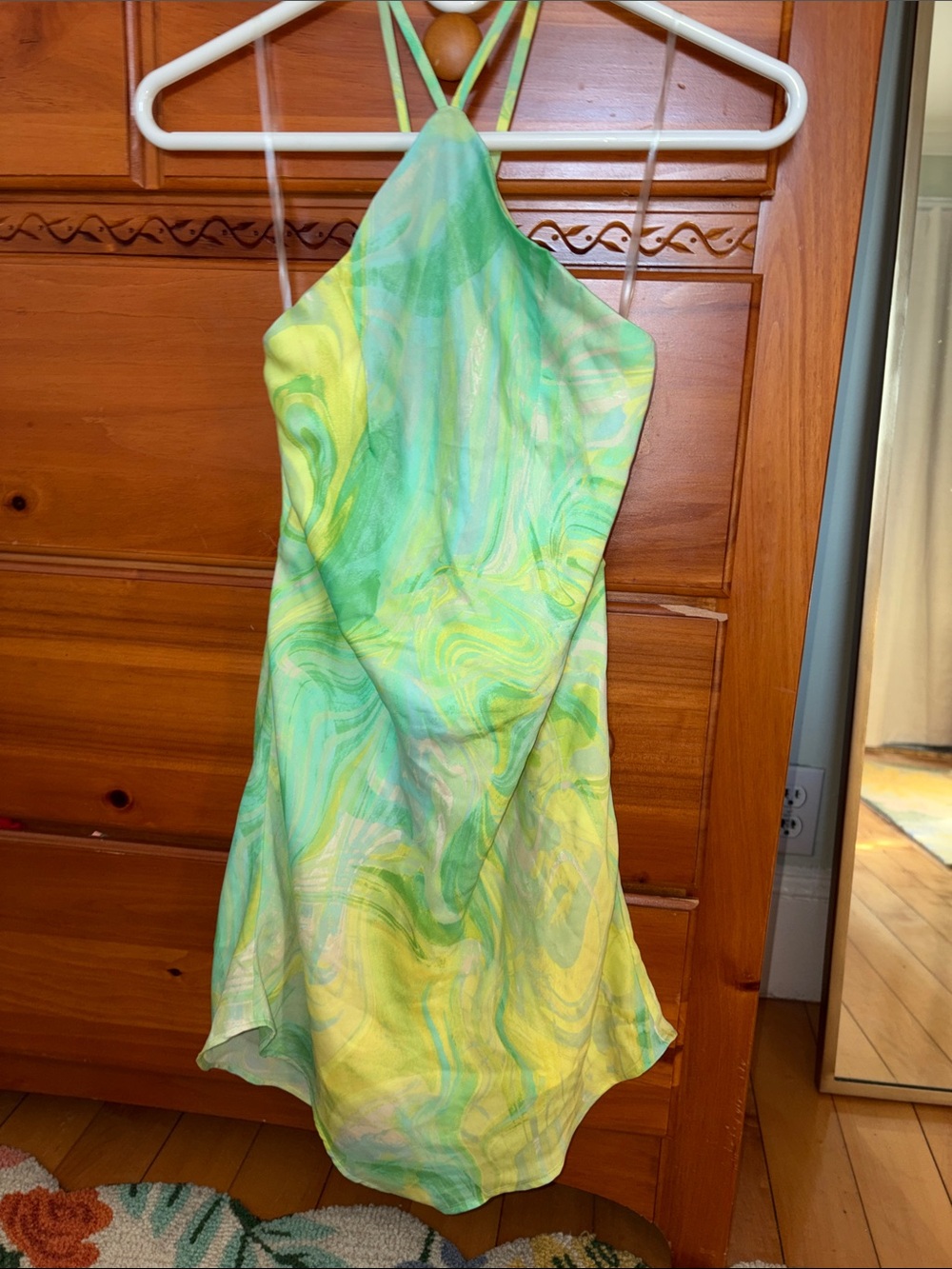 Halter Mini Dress in Lime Green Marble Print